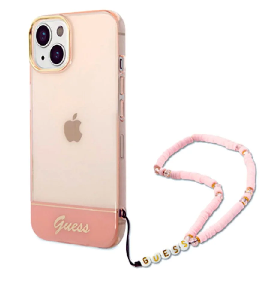 Guess iPhone 14 Hardcase Backcover - Transparent - with cord - Pink